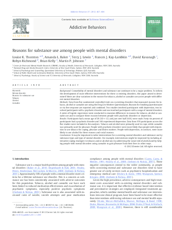 (PDF) Reasons for substance use among people with mental disorders