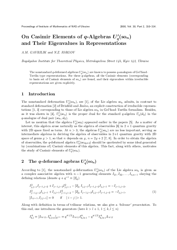 Pdf On The Casimir Elements Of Q Algebras U Q So N And Their Eigenvalues In Representations Nikolai Iorgov Academia Edu