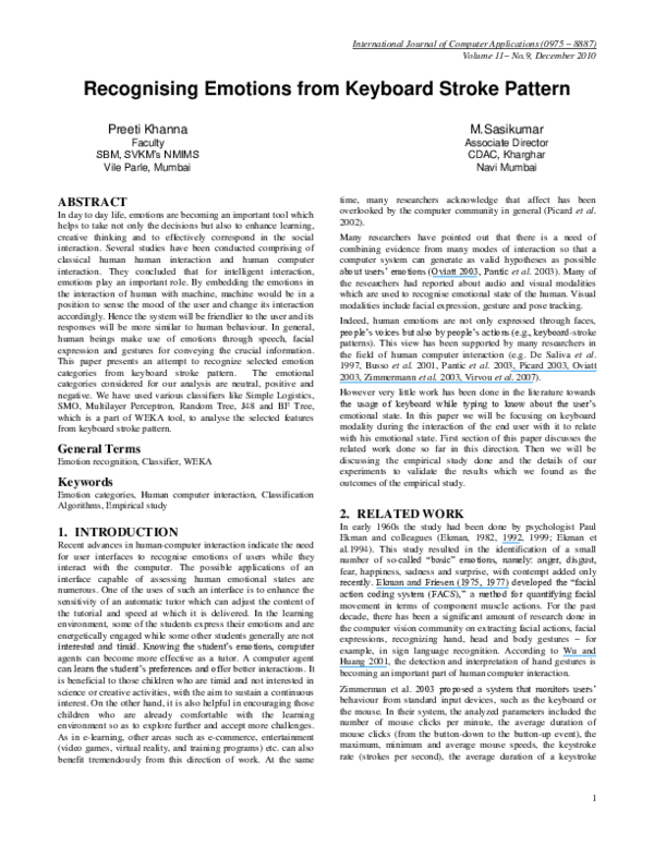 (PDF) Recognising Emotions from Keyboard Stroke Pattern M. Sasikumar Academia.edu