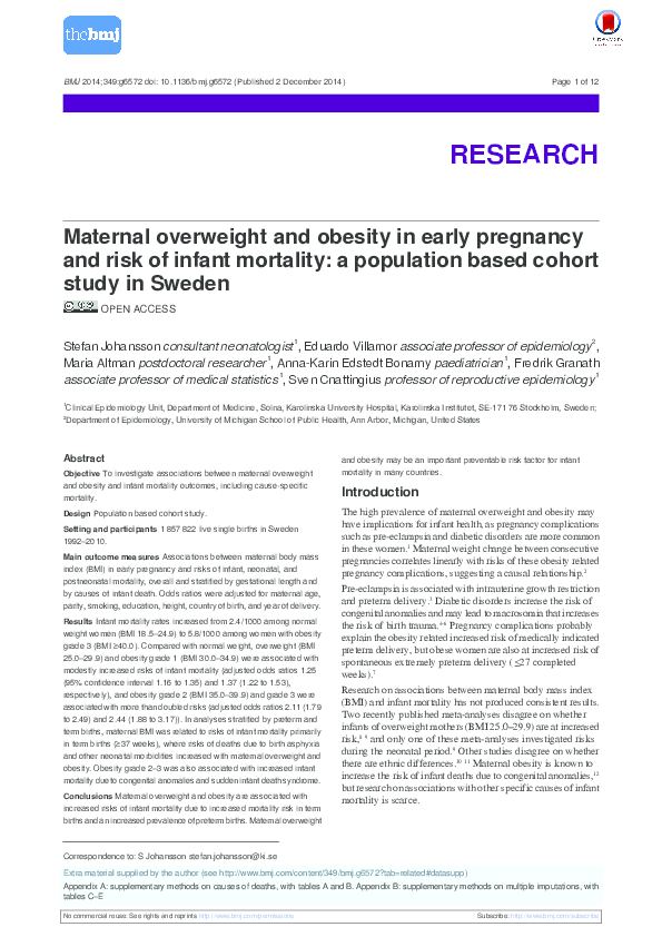 (PDF) Maternal overweight and obesity in early pregnancy and risk of ...