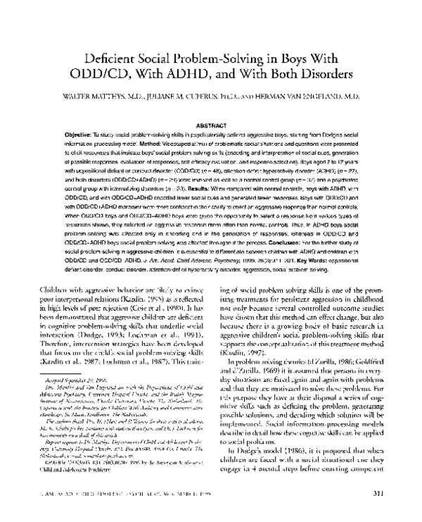 (PDF) Deficient Social Problem-Solving in Boys With ODD/CD, With ADHD ...