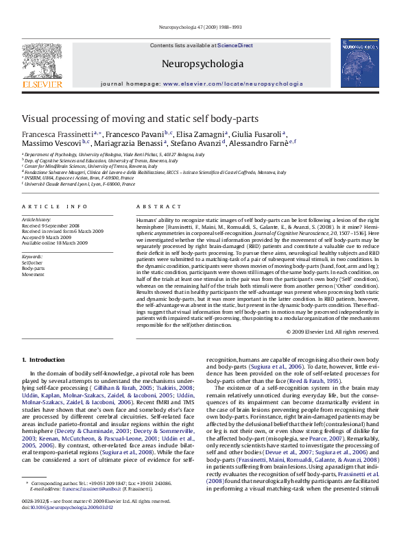 (PDF) Visual processing of moving and static self body-parts