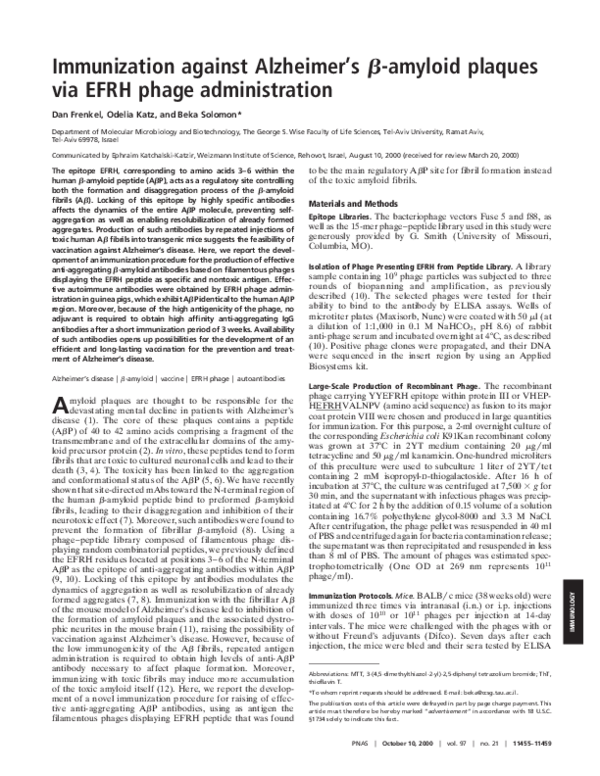 (PDF) Immunization against Alzheimer's beta -amyloid plaques via EFRH ...