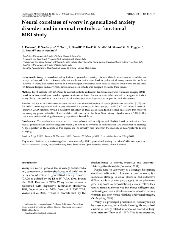 (PDF) Neural correlates of worry in generalized anxiety disorder and in ...