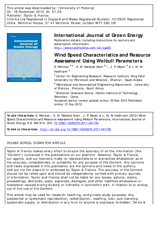 (PDF) Wind Speed Characteristics and Resource Assessment Using Weibull ...