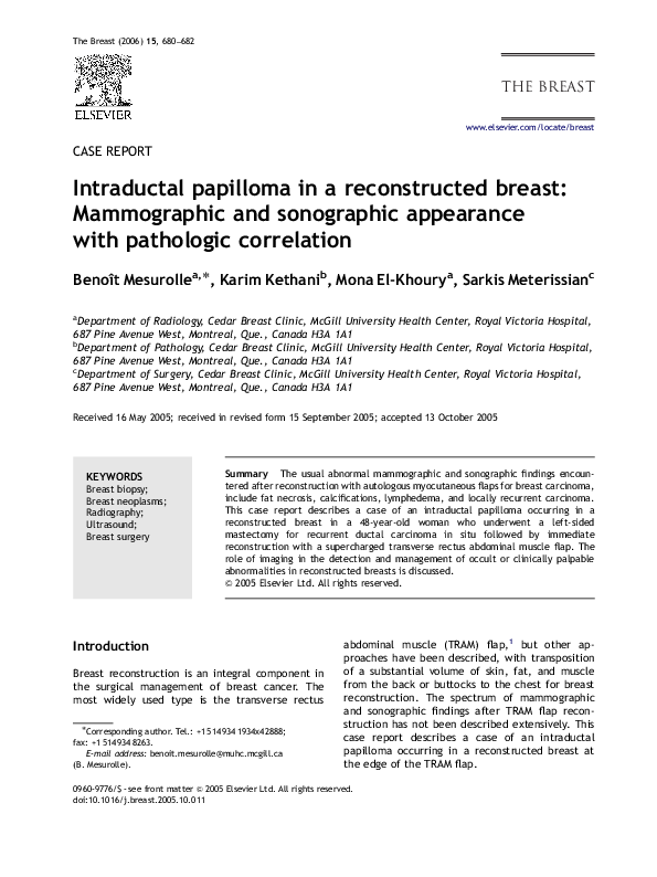 (PDF) Intraductal papilloma in a reconstructed breast: Mammographic and ...