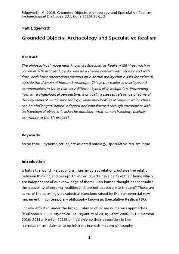 (DOC) Grounded Objects archaeology and speculative realism Matt