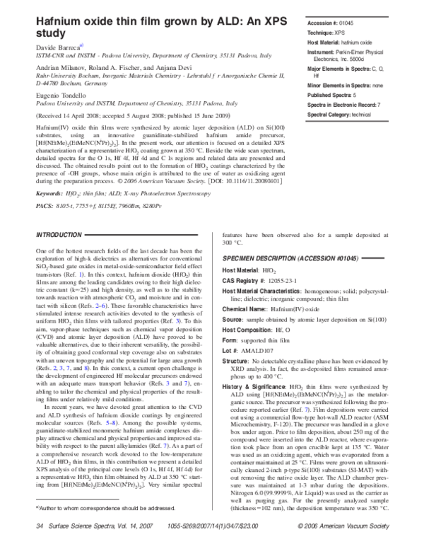 (PDF) Hafnium oxide thin film grown by ALD: An XPS study