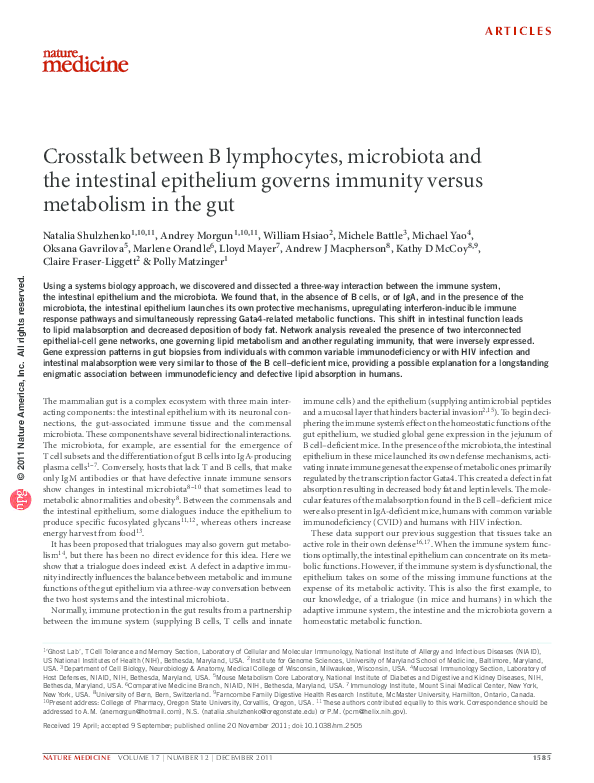 (PDF) Crosstalk between B lymphocytes, microbiota and the intestinal ...