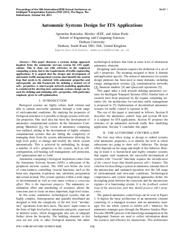 (PDF) Autonomic systems design for ITS applications