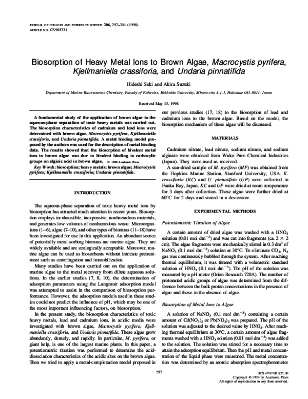 (PDF) Biosorption of Heavy Metal Ions to Brown Algae,Macrocystis ...