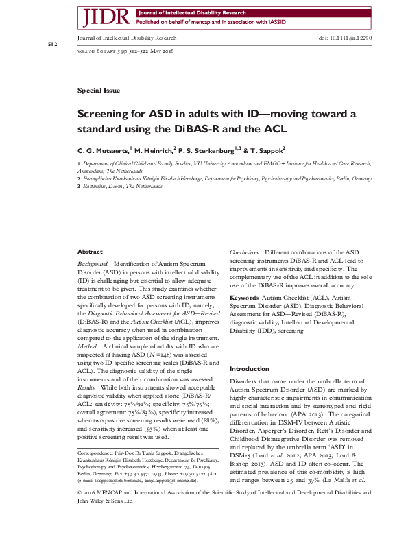 (PDF) Screening for ASD in adults with ID—moving toward a standard ...