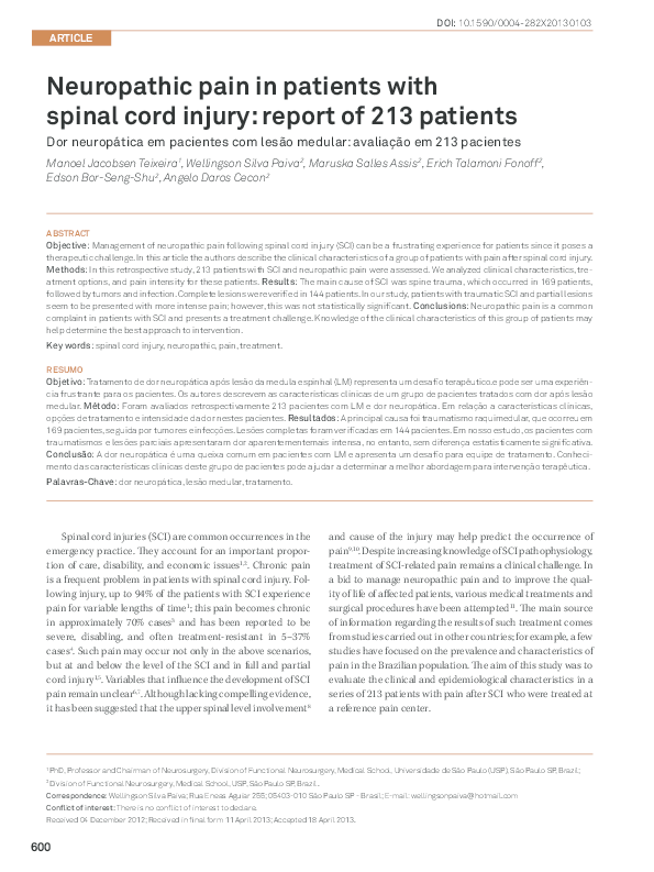 (PDF) Neuropathic pain in patients with spinal cord injury: report of ...