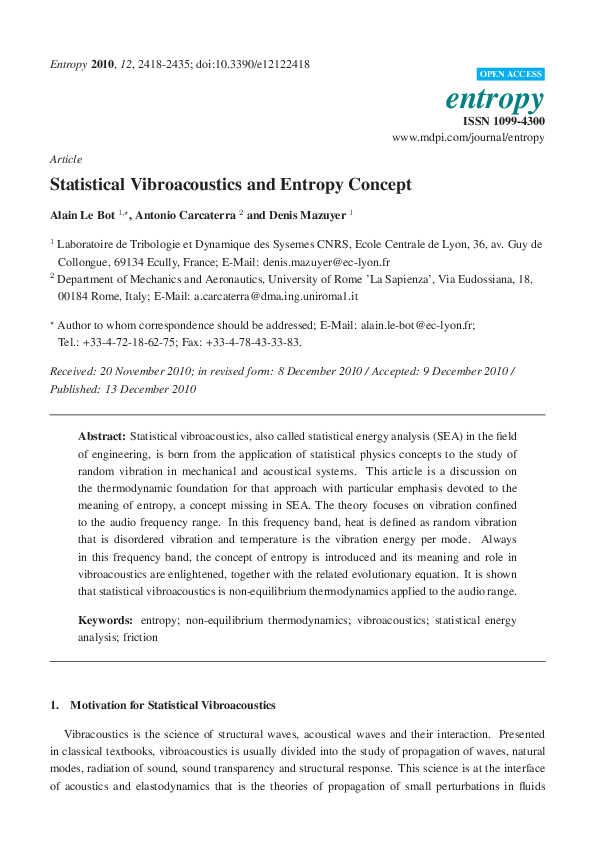 (PDF) Statistical Vibroacoustics and Entropy Concept Denis Mazuyer