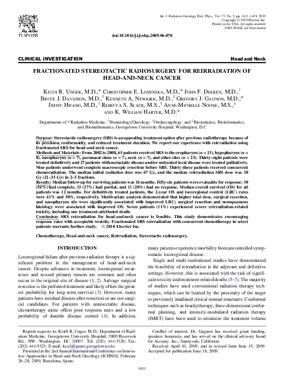 (PDF) Fractionated Stereotactic Radiosurgery for Reirradiation of HeadandNeck Cancer In