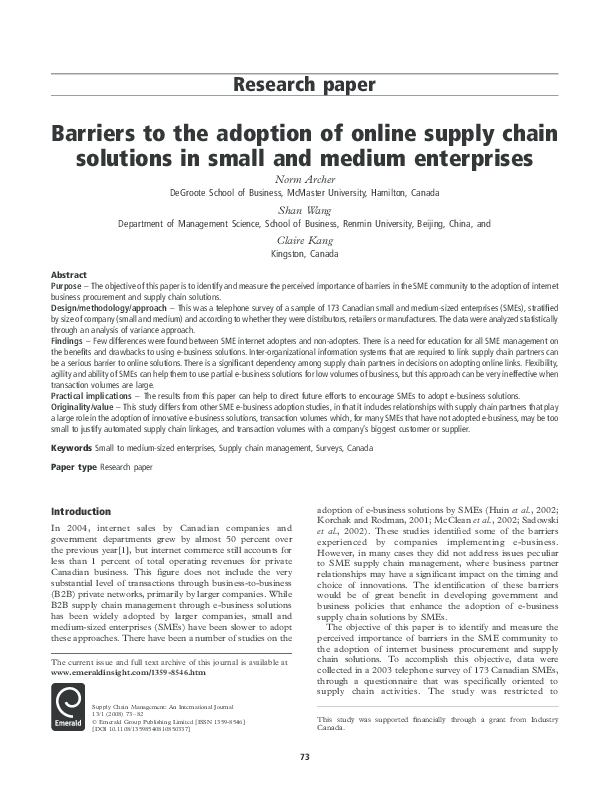 (PDF) Barriers to the adoption of online supply chain solutions in