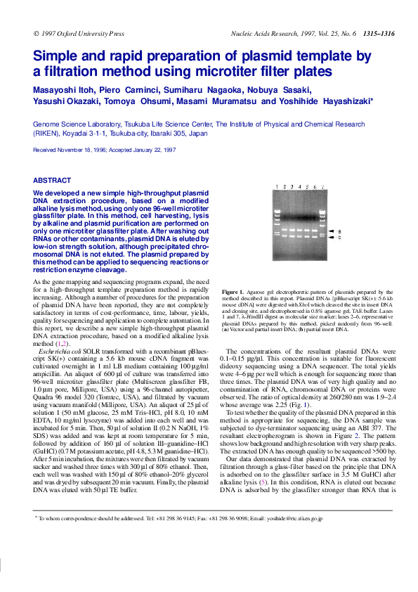 (PDF) Simple and rapid preparation of plasmid template by a filtration