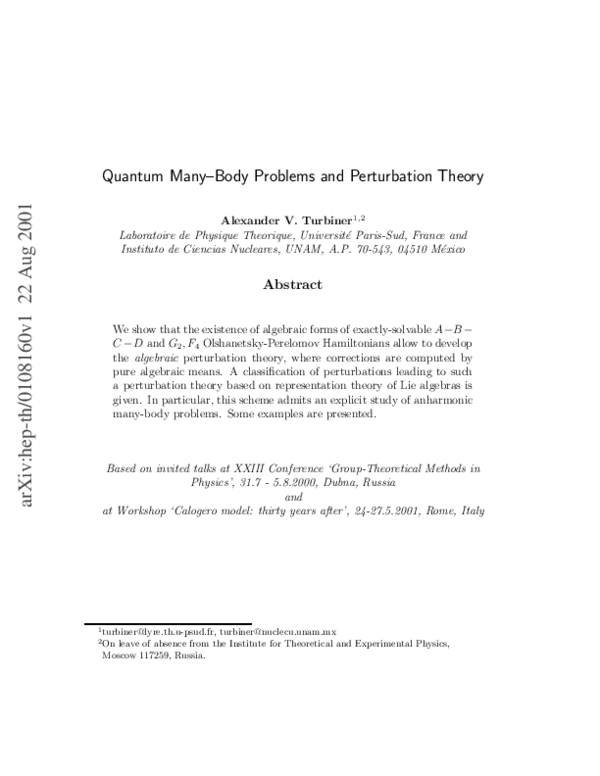 (PDF) Quantum many-body problems and perturbation theory
