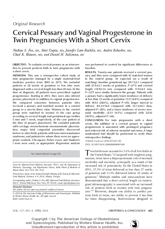 (PDF) Cervical Pessary and Vaginal Progesterone in Twin Pregnancies