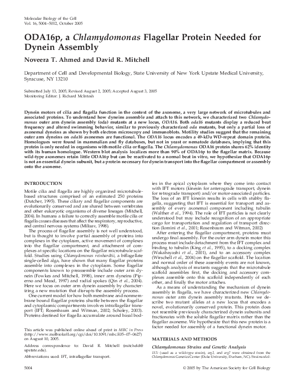 (PDF) ODA16p, a Chlamydomonas Flagellar Protein Needed for Dynein Assembly