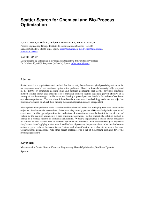 (PDF) Scatter search for chemical and bioprocess optimization Julio