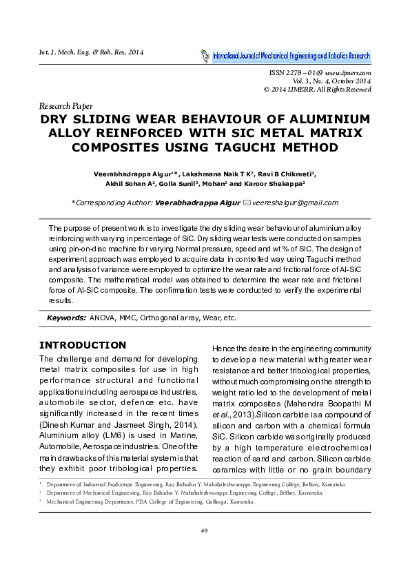 (PDF) DRY SLIDING WEAR BEHAVIOUR OF ALUMINIUM ALLOY REINFORCED WITH SIC ...