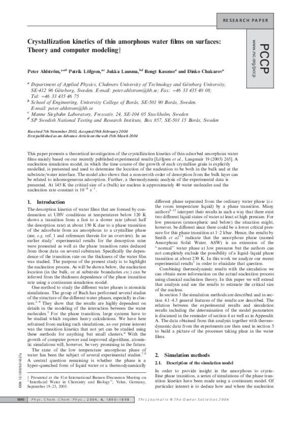 (PDF) Crystallization Kinetics of Thin Amorphous Water Films on Surfaces