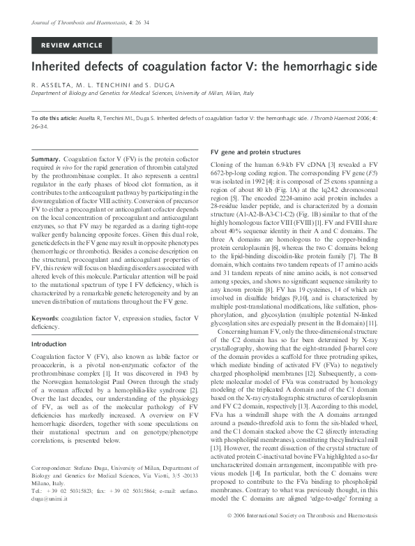 (PDF) Inherited defects of coagulation factor V: the hemorrhagic side