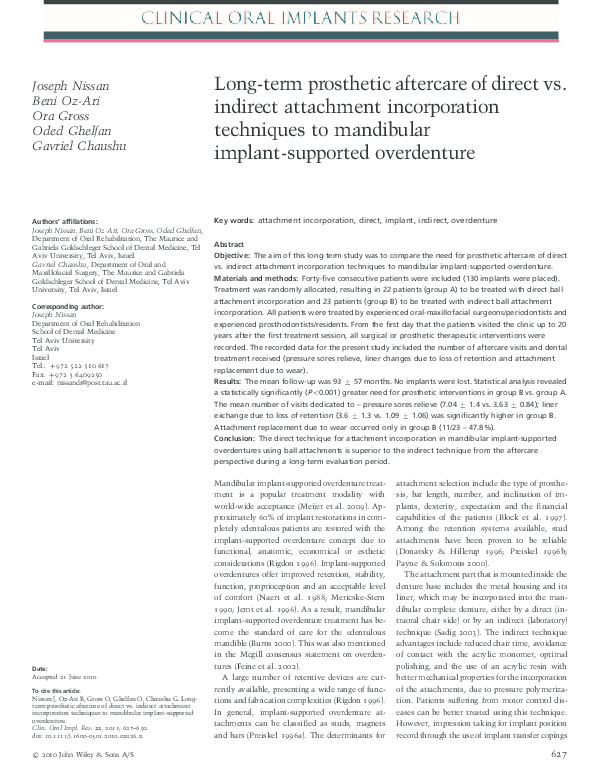 (PDF) Long-term prosthetic aftercare of direct vs. indirect attachment ...