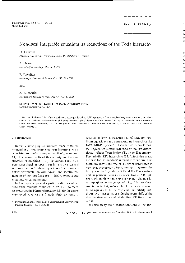 (PDF) Non-local integrable equations as reductions of the Toda hierarchy