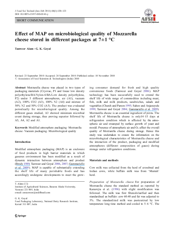 (PDF) Effect of MAP on microbiological quality of Mozzarella cheese ...