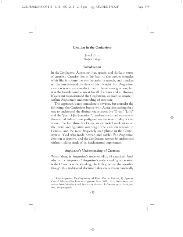 Pdf Creation In The Confessions In St Augustine The Confessions Ignatius Critical Editions Edited By David Vincent Meconi San Francisco Ignatius Press 12 Jared Ortiz Academia Edu