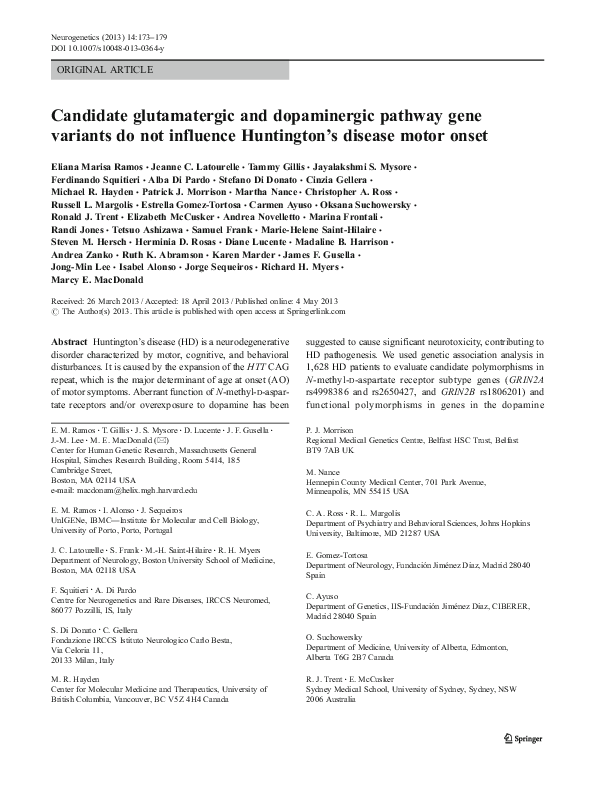 (PDF) Candidate glutamatergic and dopaminergic pathway gene variants do