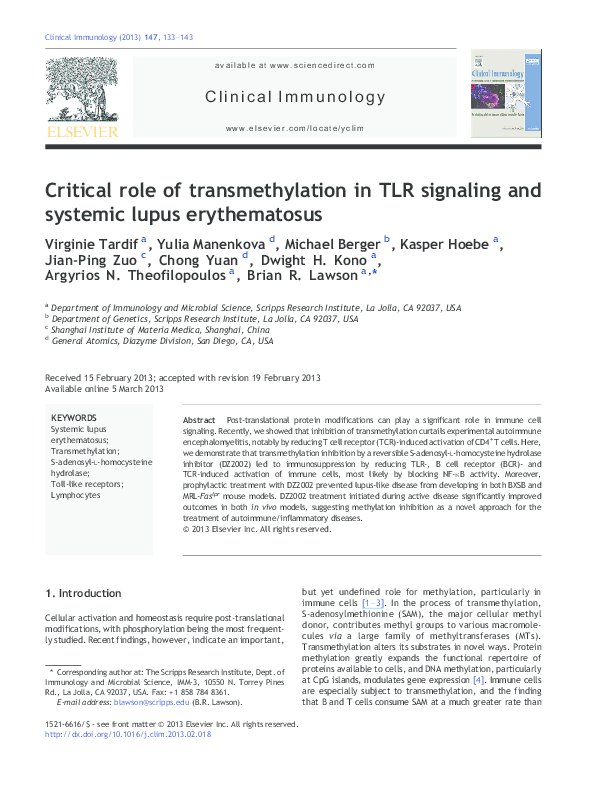 (PDF) Critical role of transmethylation in TLR signaling and systemic ...
