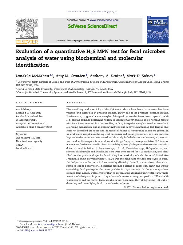 (PDF) Evaluation of a quantitative H2S MPN test for fecal microbes ...