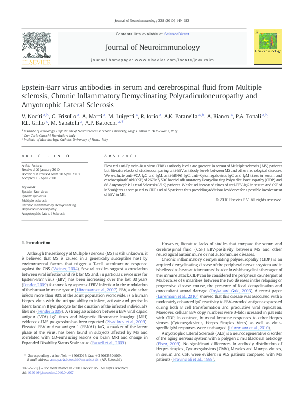 (PDF) EpsteinBarr virus antibodies in serum and cerebrospinal fluid from Multiple sclerosis