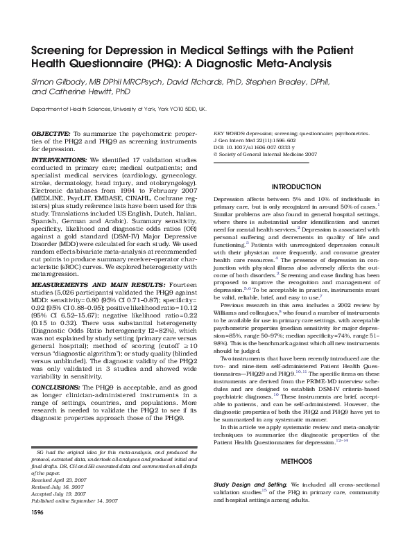 (PDF) Screening for depression in medical settings with the Patient ...