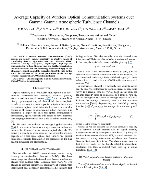 (PDF) Average capacity of wireless optical communication systems over