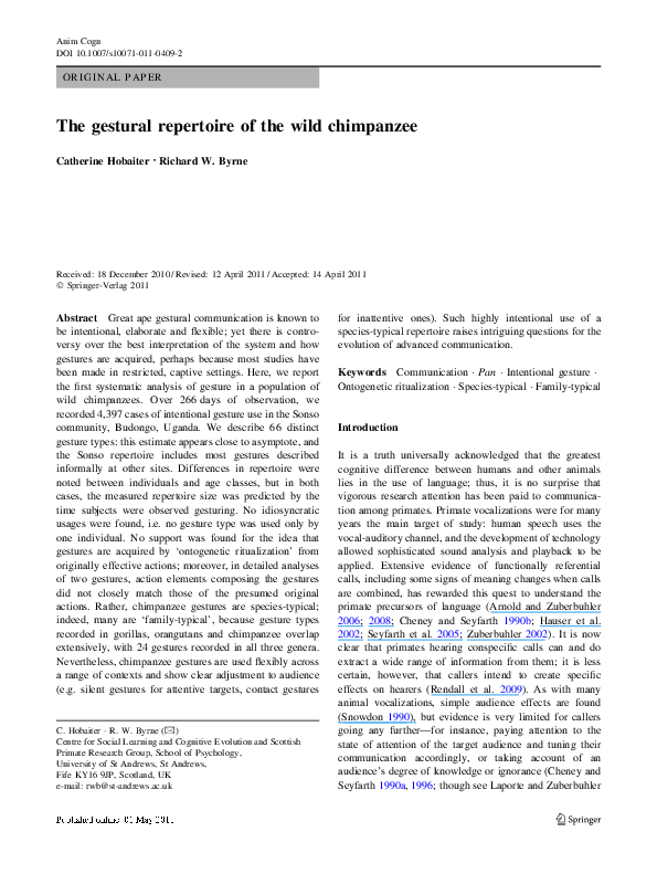 (PDF) The gestural repertoire of the wild chimpanzee