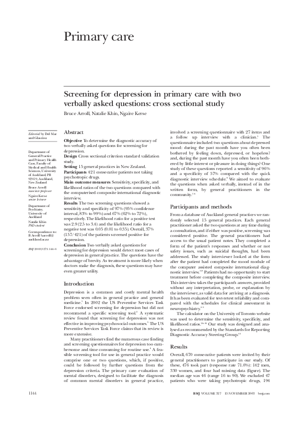(PDF) Screening for depression in primary care with two verbally asked ...