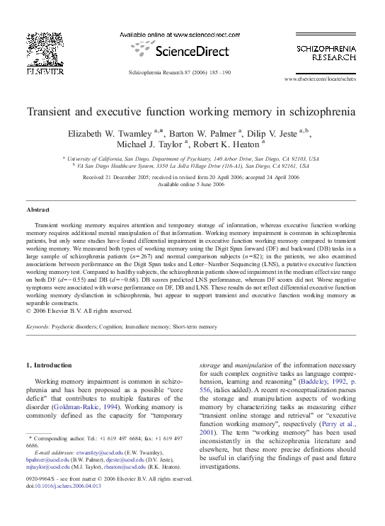 (PDF) Transient and Executive Function Working Memory In Schizophrenia