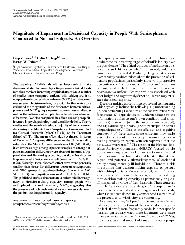 (PDF) Magnitude of Impairment in Decisional Capacity in People With