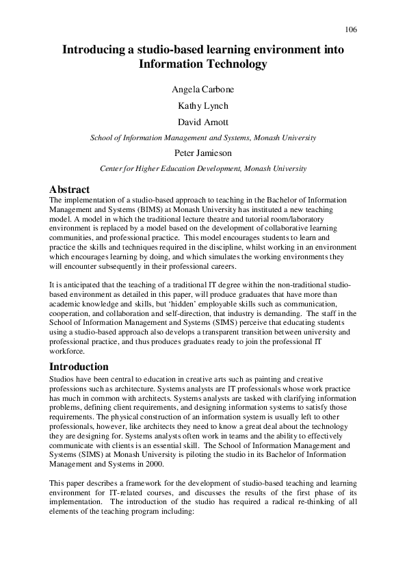 (PDF) Introducing a studiobased learning environment into information technology Angela