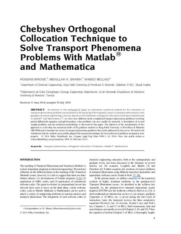 Pdf Chebyshev Orthogonal Collocation Technique To Solve Transport Phenomena Problems With Matlab And Mathematica C Abdullah Shaikh Academia Edu