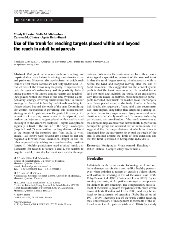 (PDF) Use of the trunk for reaching targets placed within and beyond ...