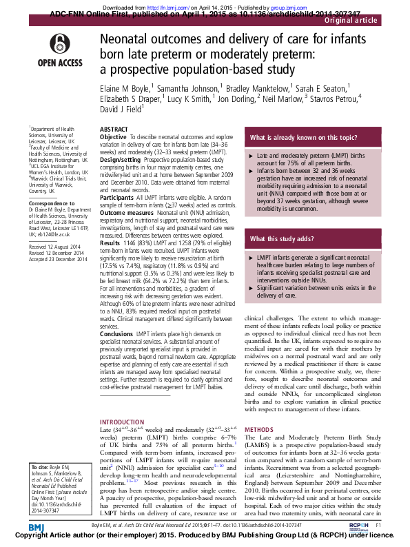 (PDF) Neonatal outcomes and delivery of care for infants born late ...
