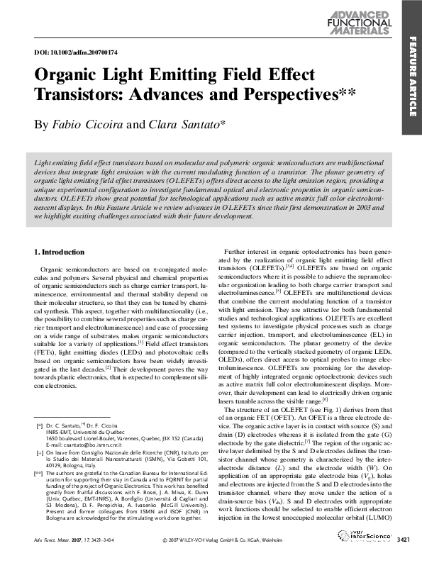 (PDF) Organic Light Emitting Field Effect Transistors Advances and
