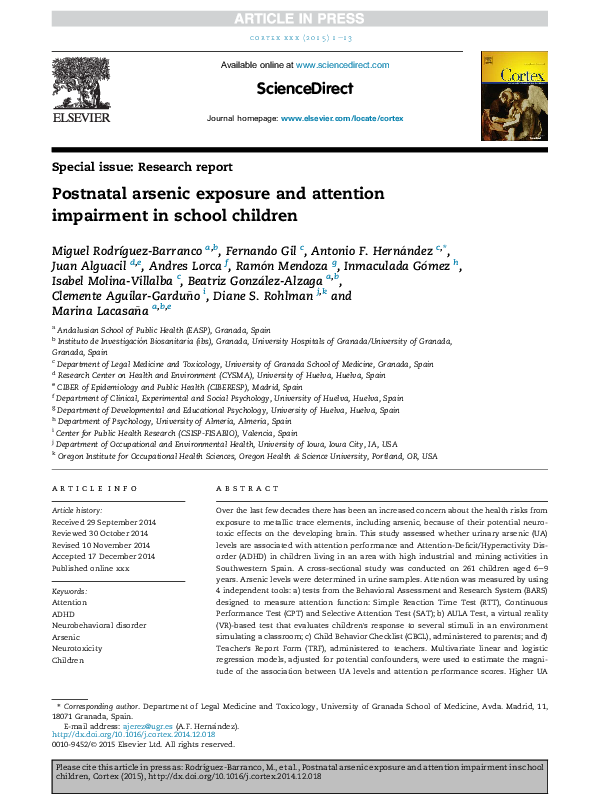 (PDF) Postnatal arsenic exposure and attention impairment in school ...