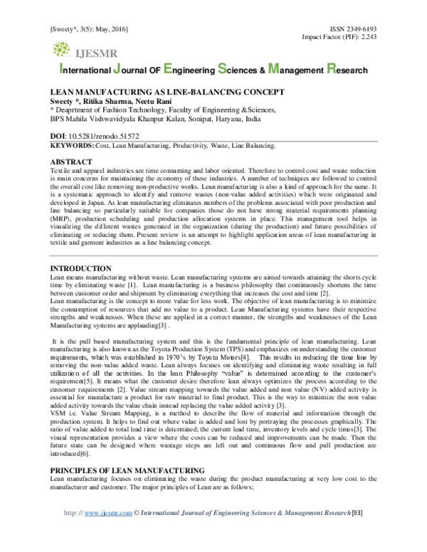(PDF) LEAN MANUFACTURING AS LINEBALANCING CONCEPT IJESMR Journal
