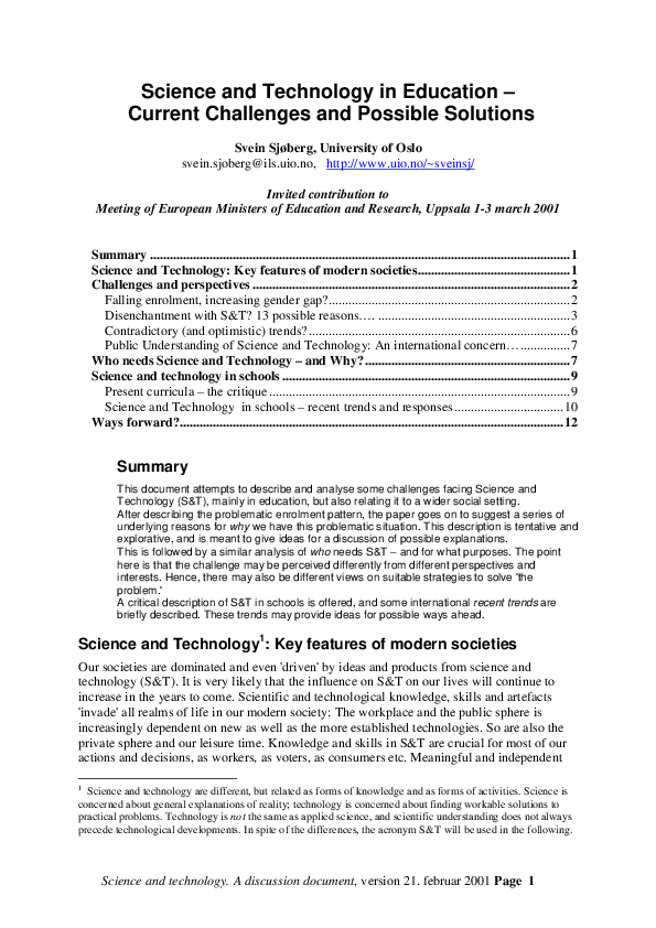 (PDF) Science and technology education in Europe: Current challenges ...